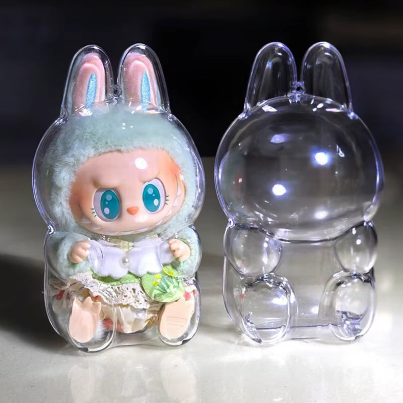 β¨ LABUBU Transparent Display Case β Standing & Sitting Plastic Charms for 17cm Plush Dolls